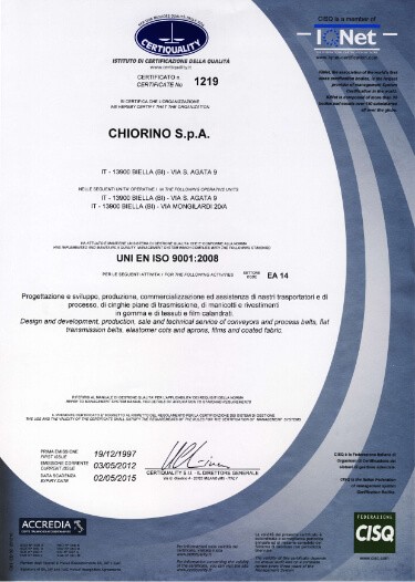 Chiorino - producent taśm przenośnikowych - certyfikat ISO 9001:200