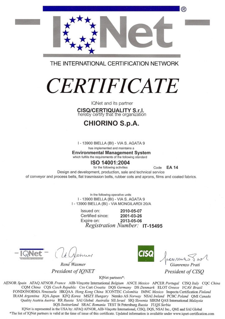 Certyfikat ISO 14001:2004 CHIORINO producent taśm transportowych