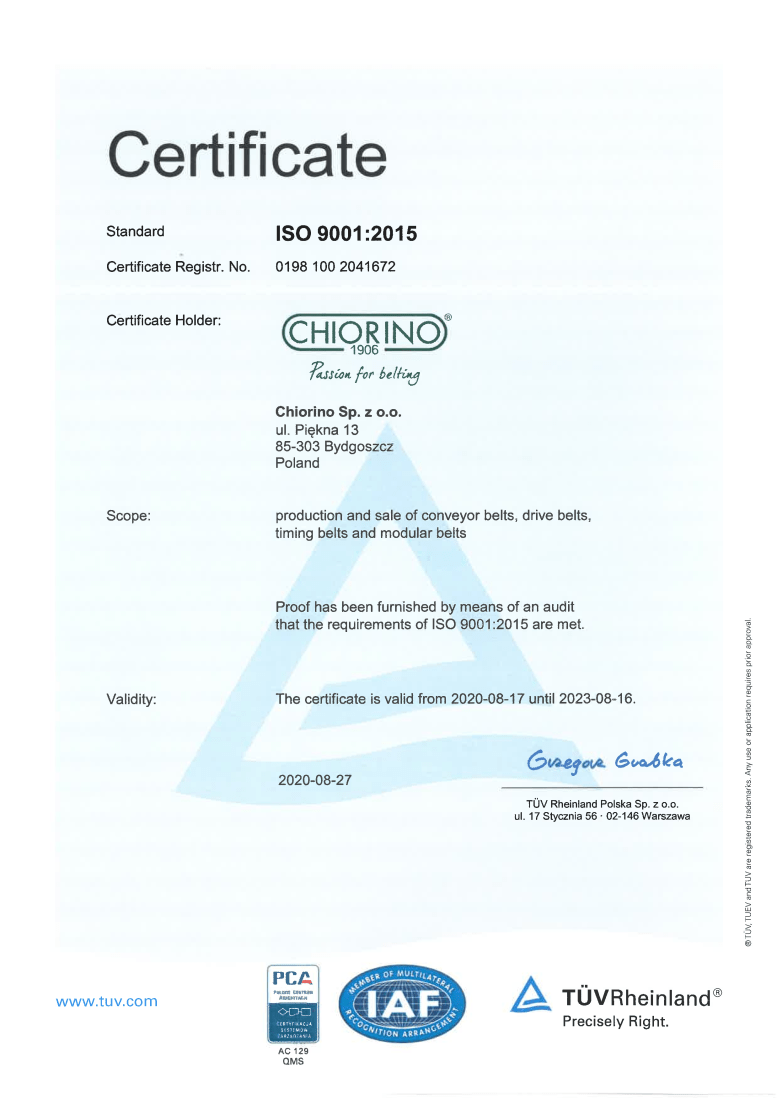 producent pasów transportowych Chiorino Certyfikat ISO 9001:2015